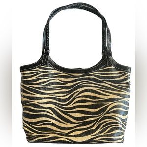 FRANCO SARTO BLACK TAN ZEBRA STRAW LEATHER TOTE SATCHEL / SHOULDER/ HANDBAG